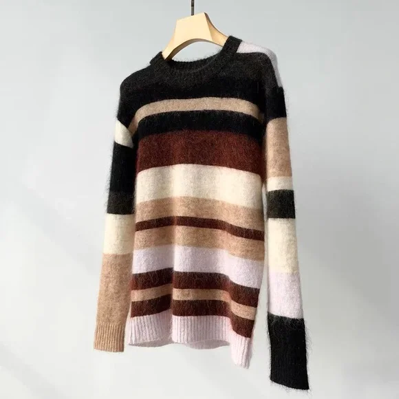 🍁ACNE STUDIOS Green and Red Kalbah Mohair Striped Sweater - Picture 1 of 16
